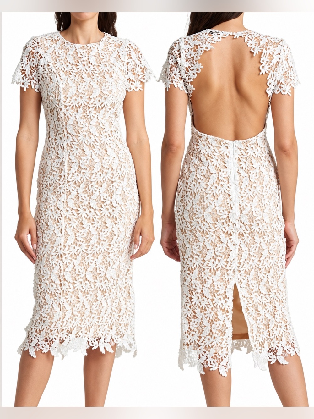 NSR White Floral Lace Midi Dress Open Back Bridal Wedding Cocktail NWT Style